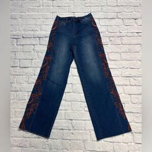 Tribal Blue Flare Wide Leg Jeans with Brown Embroidery
